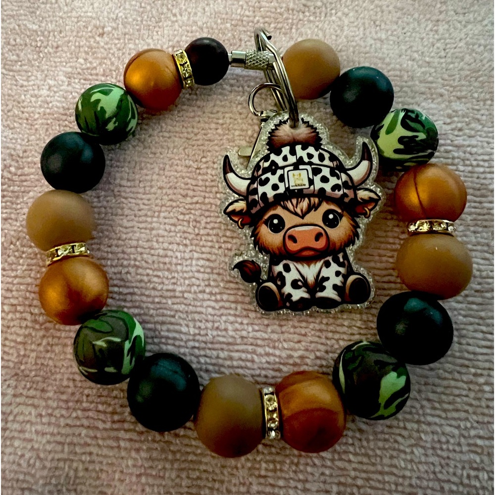 Handmade 10” Cow Camo Beaded Silicone Keychain